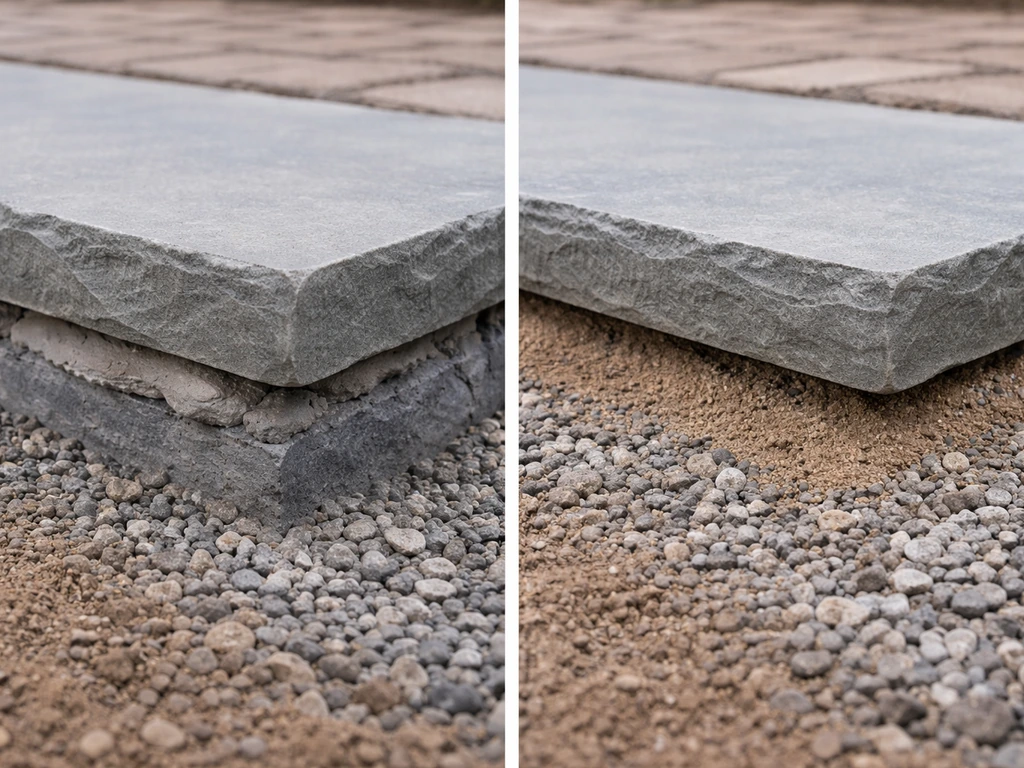 Close-up of bluestone step installation: mortar bed vs dry-set bedding with aligned coping detail.