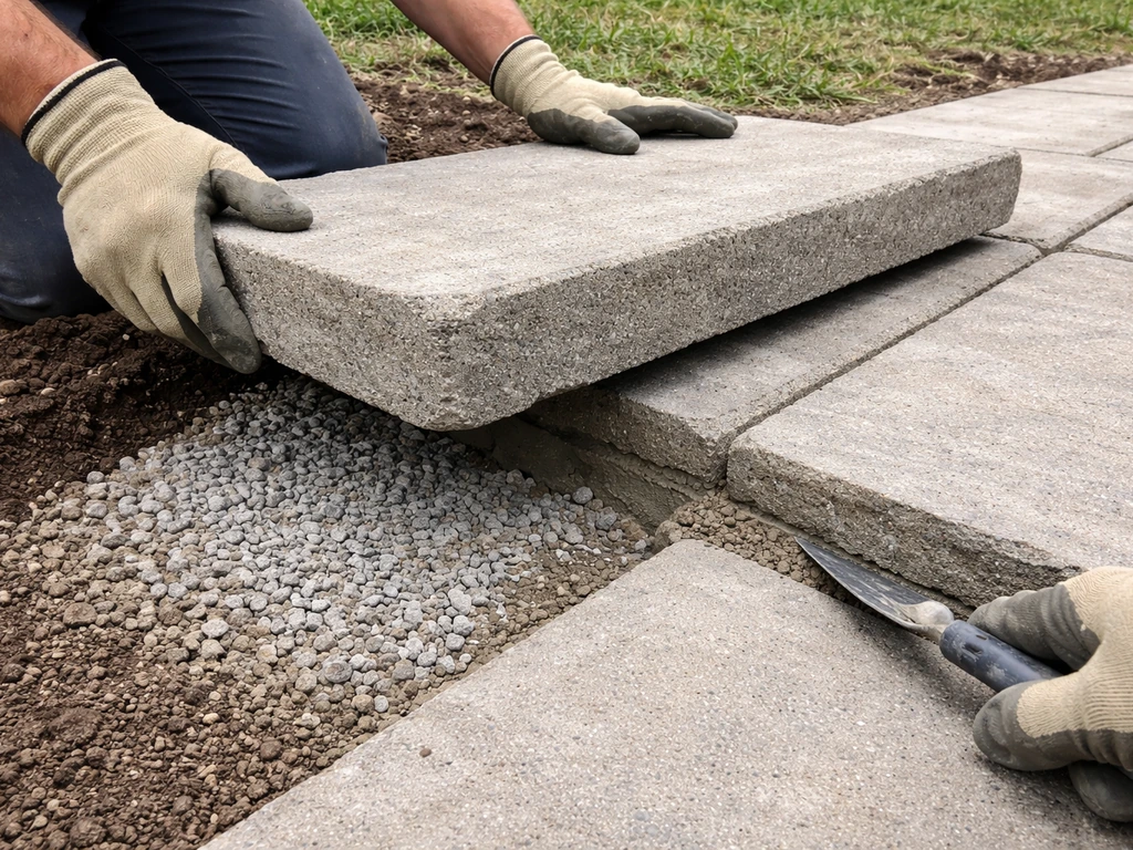 Worker resetting a slightly lifted outdoor step with gravel base and mortar in a simple yard entrance.