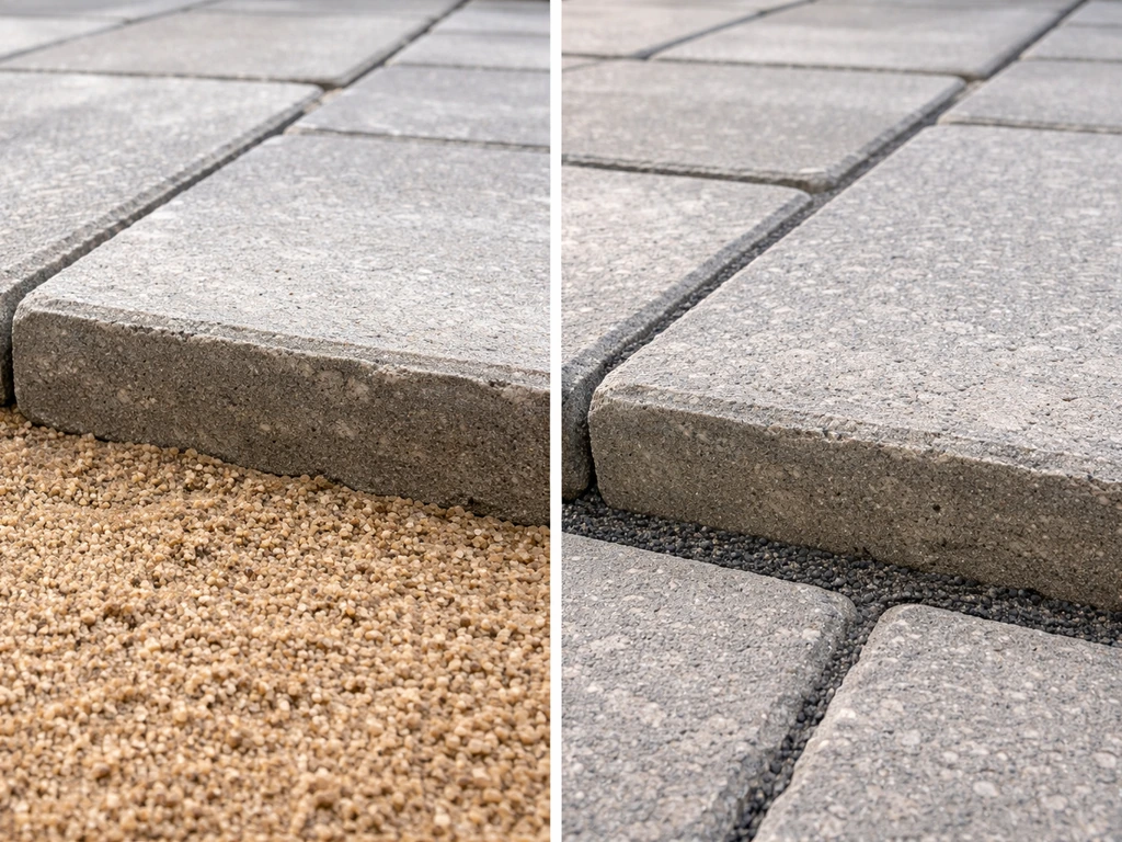 Split view of patio pavers: bedding sand layer under stones versus polymeric sand filling joints.