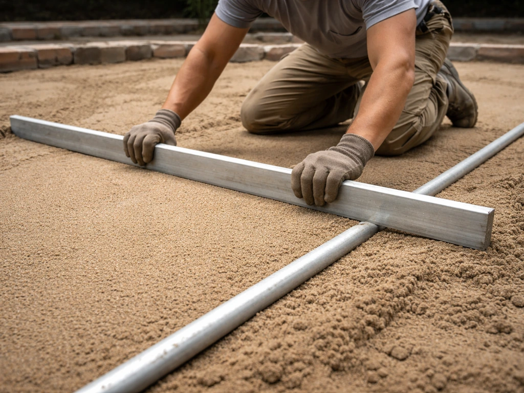 Anonymous worker screeding bedding sand with a metal bar over parallel conduit rails.
