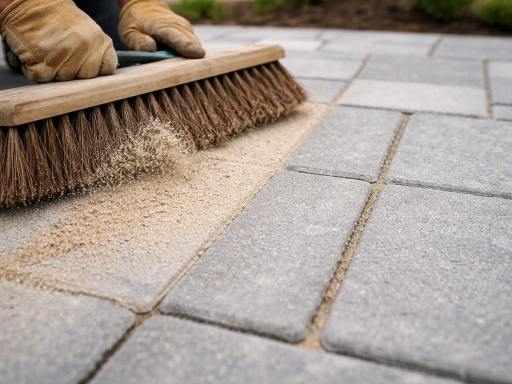 Hands sweep polymeric sand into patio paver joints with a stiff broom, then joints look filled after misting.