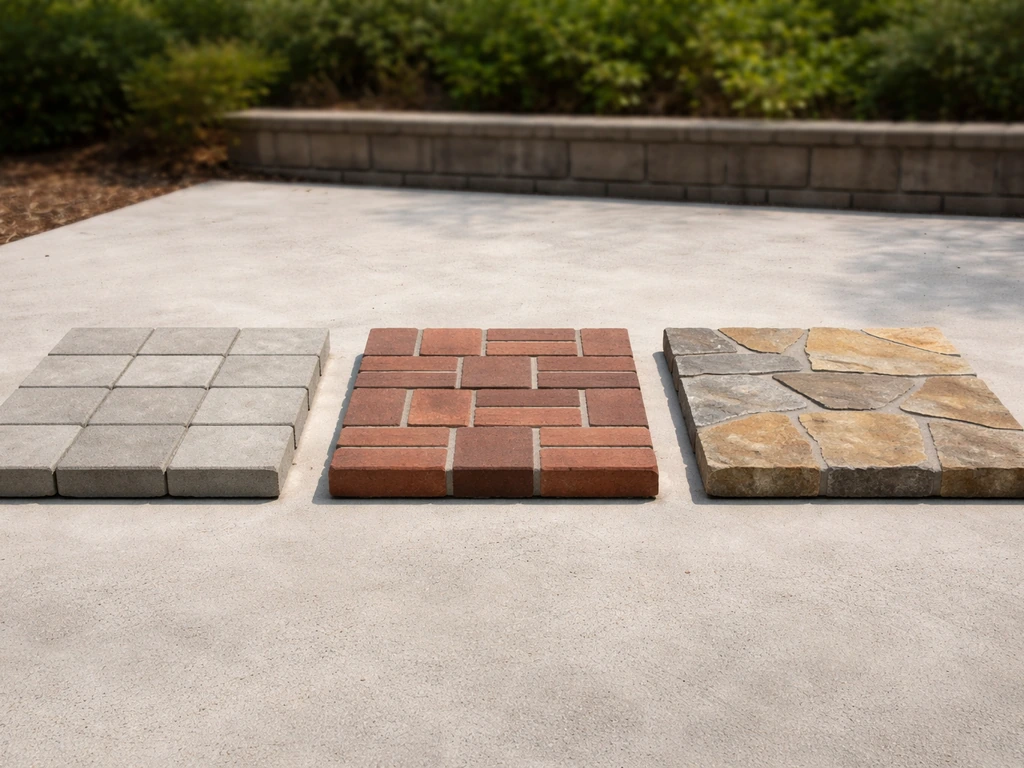 Minimal patio material tiles laid out, showing concrete pavers, brick, and flagstone matched to scenarios.