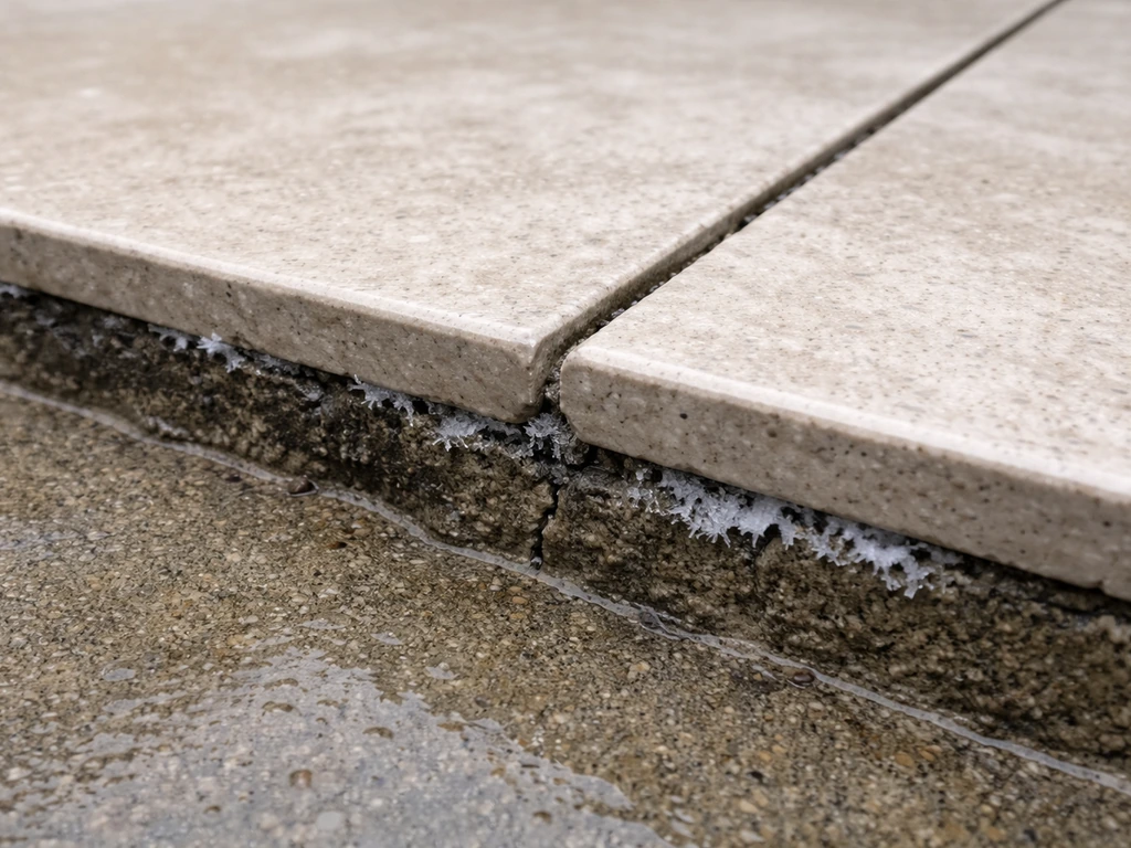 Close-up of porcelain patio tiles with cracked grout and water/ice at joints, showing freeze-thaw infiltration.