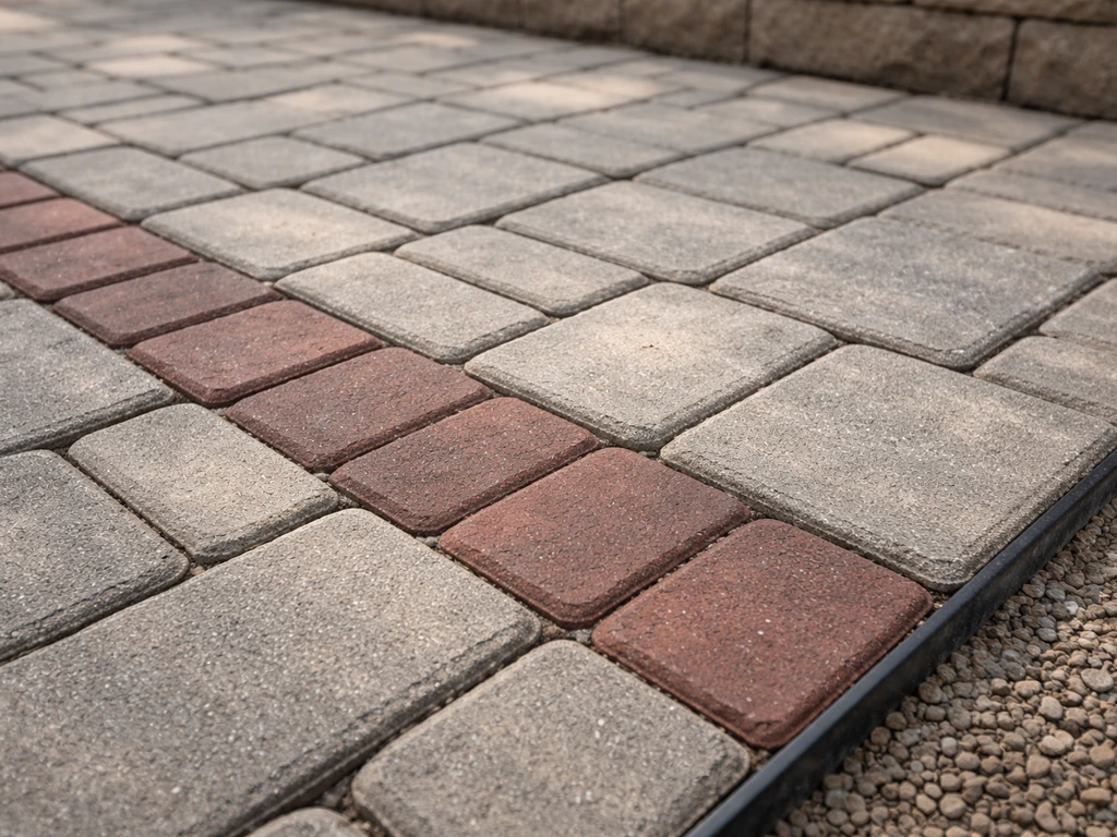 Close-up of interlocking concrete and brick pavers with neat edge restraints in a patio setting.