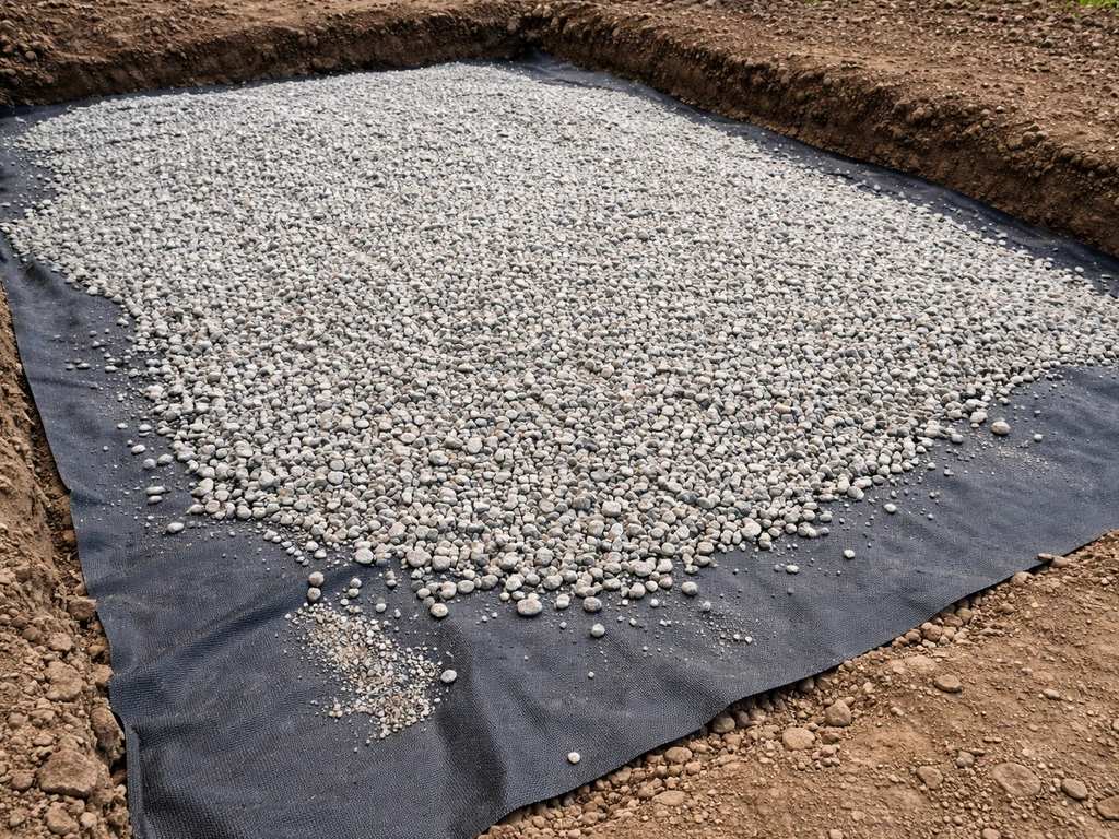 Close-up of a graded gravel patio base with geotextile underlayment and scattered stones for drainage