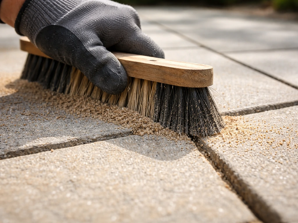 Close-up of gloved hand sweeping polymeric jointing sand into patio slab joints with a stiff brush.