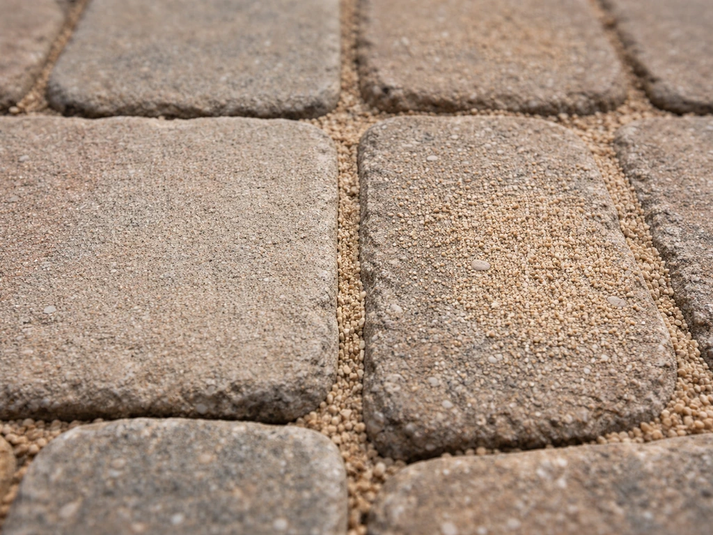 Kiln-dried jointing sand loosely fills narrow paver joints between dry block pavers.