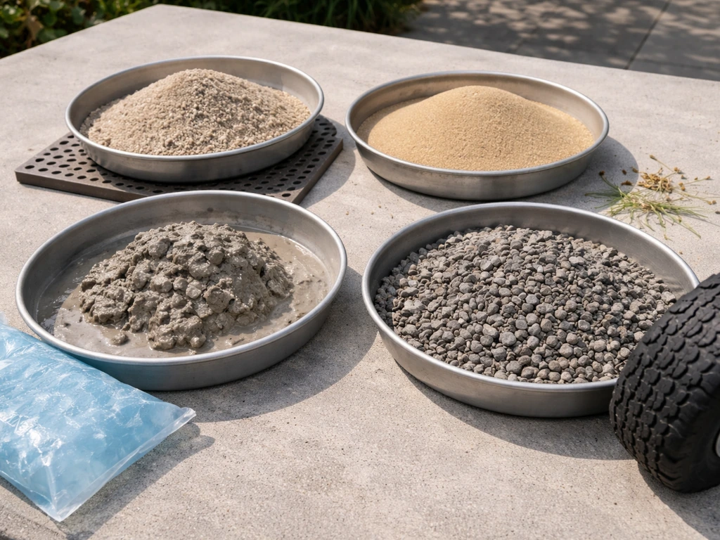Tabletop comparison of paver joint materials with small samples and simple water drainage test setup.