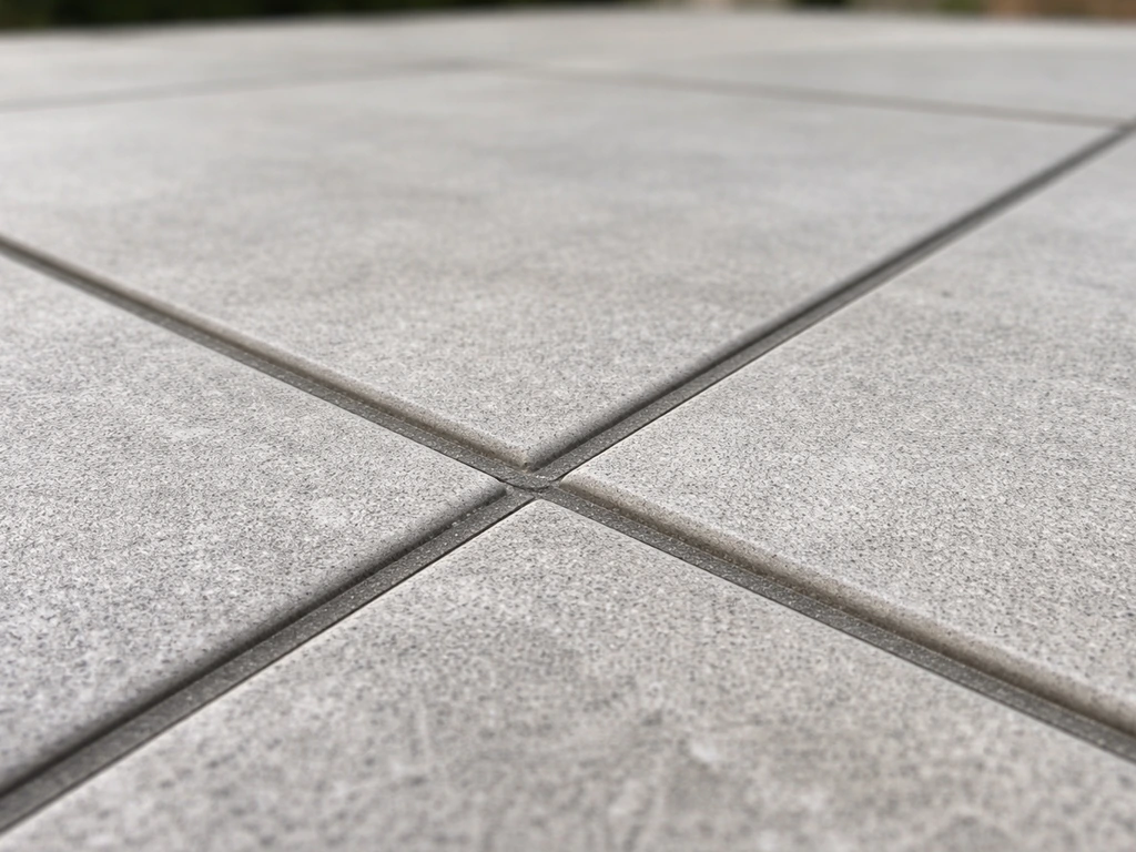 Porcelain patio tiles with neat rigid joint mortar/beading in the joints, close-up showing proper infill.