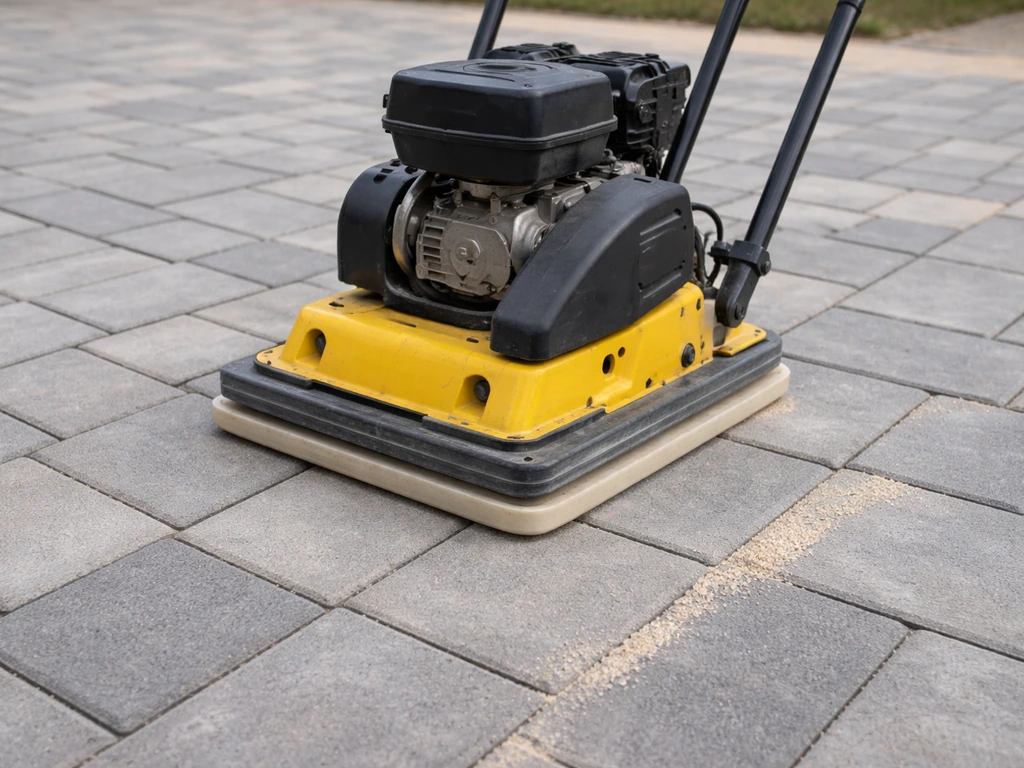 Plate compactor presses into patio pavers, settling jointing sand into the gaps