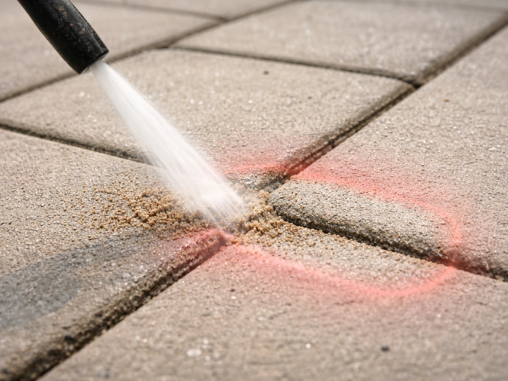 Close-up of a power washer jet aimed near patio paving joints with a marked warning zone showing erosion risk.