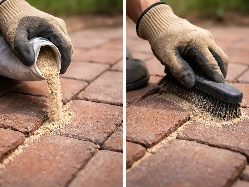 Hands sweeping polymeric jointing sand into joints on a brick patio