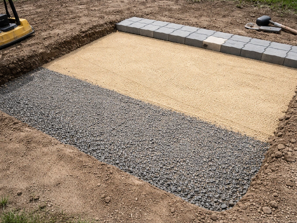 Close-up of an excavated paver base showing compacted base layer and smooth bedding sand.