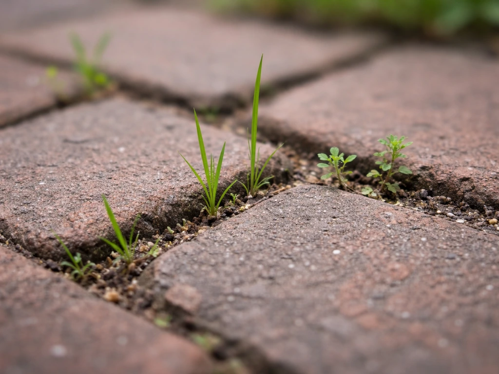 Close-up of green weeds sprouting from shallow brick mortar joints with washed-out sand