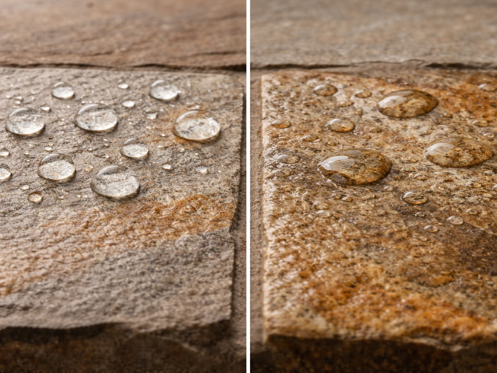 Flagstone split into two sealed patches showing water beading on one side and deeper darkening on the other.