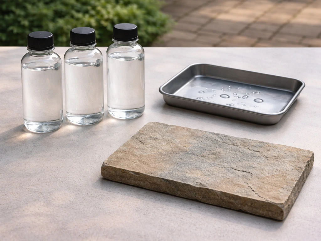 Minimal setup showing sealer bottles, a small tray of water, and a cleaned flagstone sample for testing.