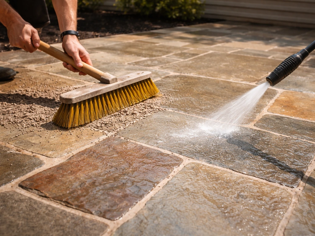 Hands sweeping and rinsing a flagstone patio with a broom and hose/wand before sealing.