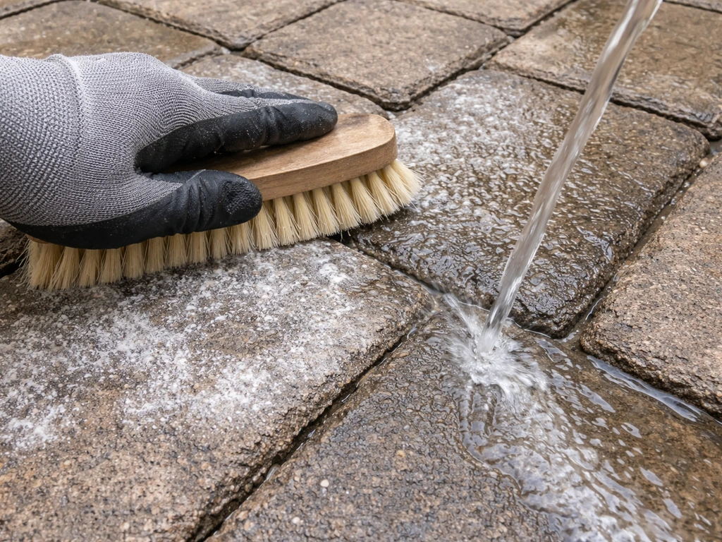 Close-up of efflorescence on stone being brushed and rinsed, leaving cleaner paver surface.