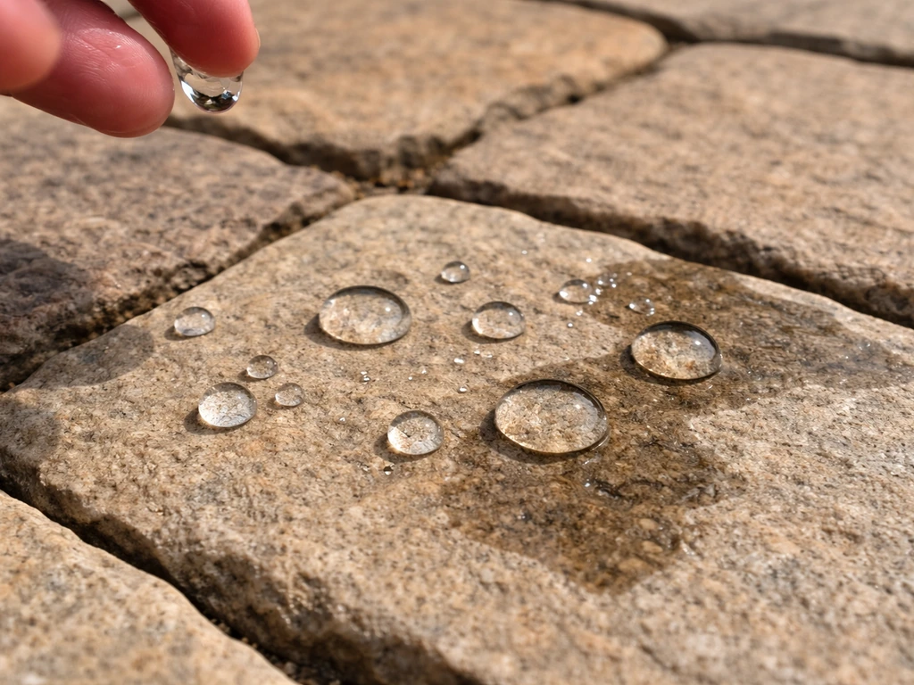 Close-up of water droplets on flagstone showing beading versus absorption behavior on the surface.