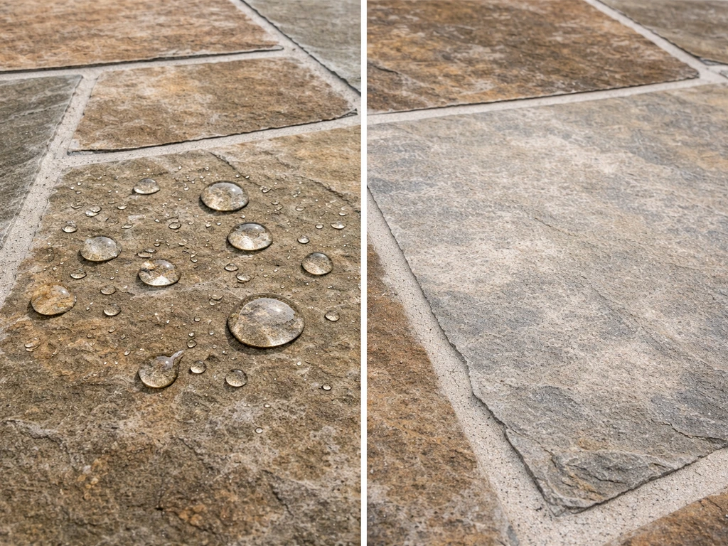 Split view of sealed flagstone with water beading on one area and milky white haze on another.