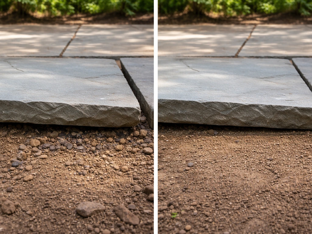 Bluestone flag rocking on an uneven base, beside a level flag on properly compacted ground.