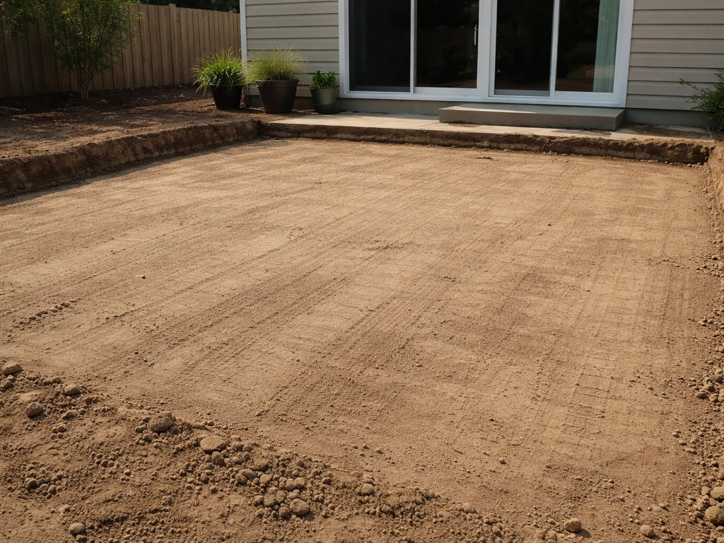 Excavated patio area showing smooth, compacted native subgrade ready for base layers.