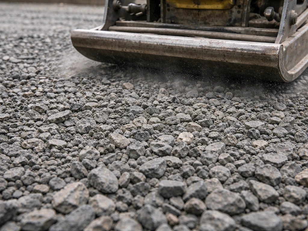 Close-up of 3/4-inch minus crusher run being spread and compacted with a plate compactor