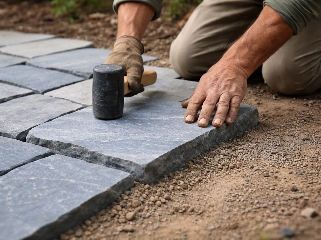 Bluestone pavers being pressed into a gravel bedding layer, with a rubber mallet for tight, level joints.