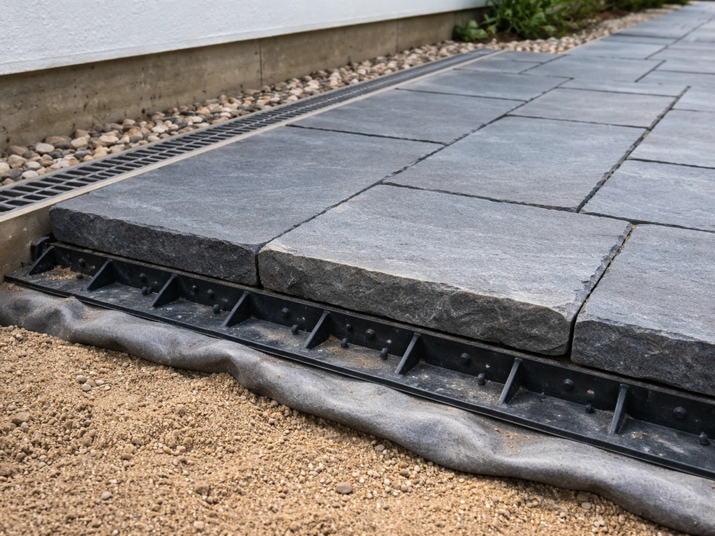 Close view of a bluestone patio edge with border restraint, geotextile liner, and slope drainage away from the house.