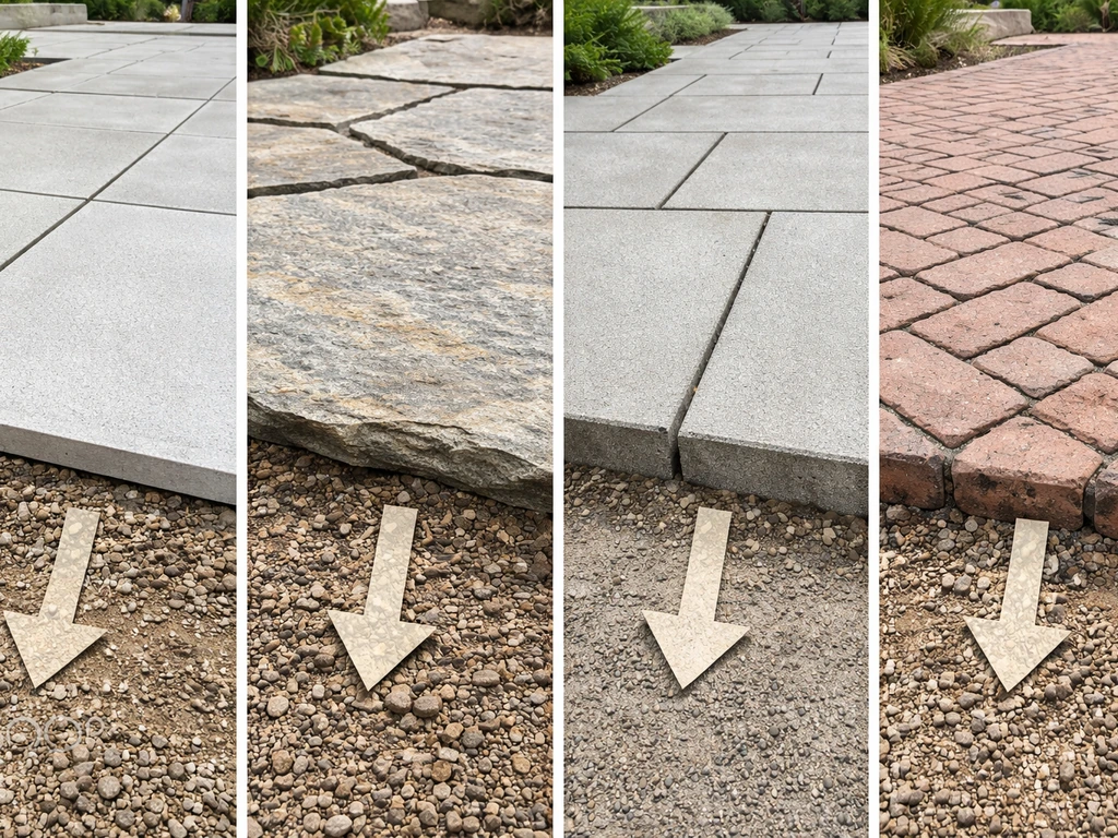 Four patio material close-ups side by side with ground arrows showing base approach differences.