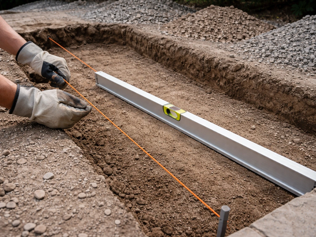 Worksite close-up of tools marking a gentle drainage slope across an excavated patio base.