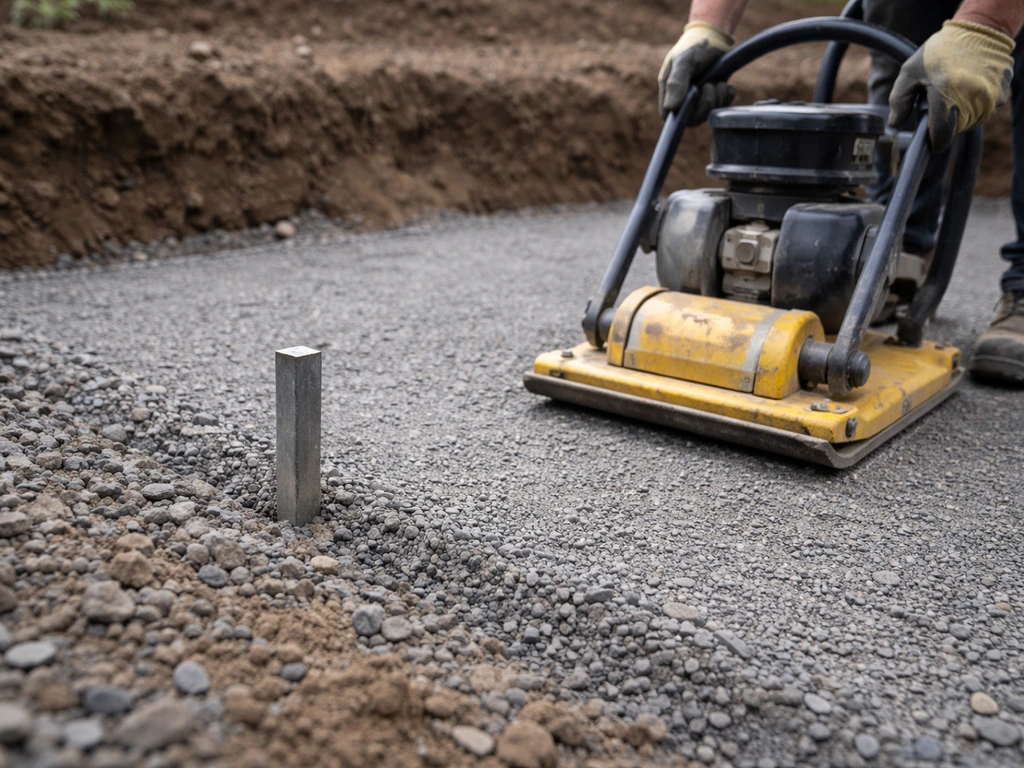 Plate compactor compacting MOT Type 1 layers with a visible depth/level marker near the base