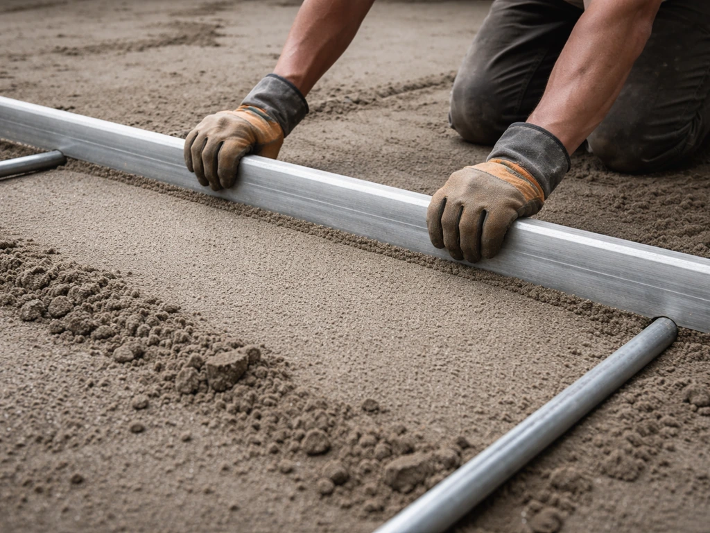 Worker screeding a mortar or sand bed with a straight screed board over two metal conduit rails