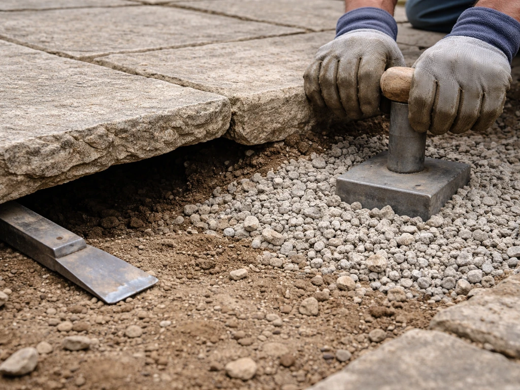 Closeup of a lifted patio slab showing a hollow base, then fresh Type 1 gravel being topped and compacted.