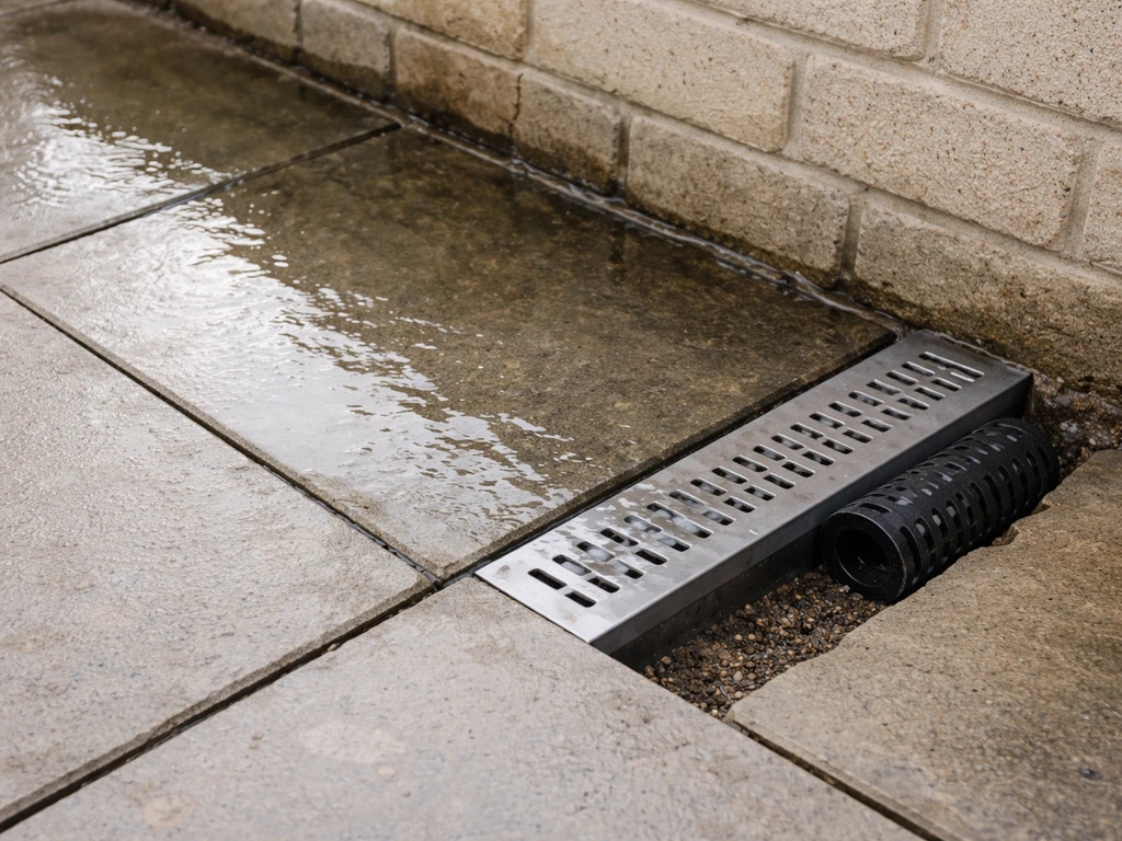 Outdoor patio corner with standing water and an installed linear drainage channel at the lowest edge.