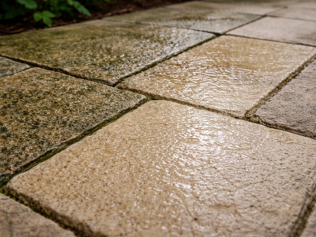 Close-up of a stone patio surface with light green algae near mildew stains, shown after gentle cleaning.