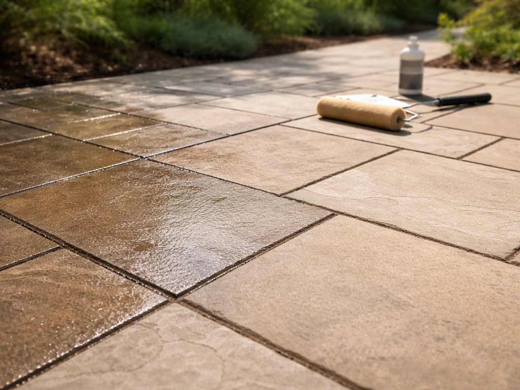 Freshly pressure-washed stone patio with a sealing roller and bottle resting on a clean stone edge