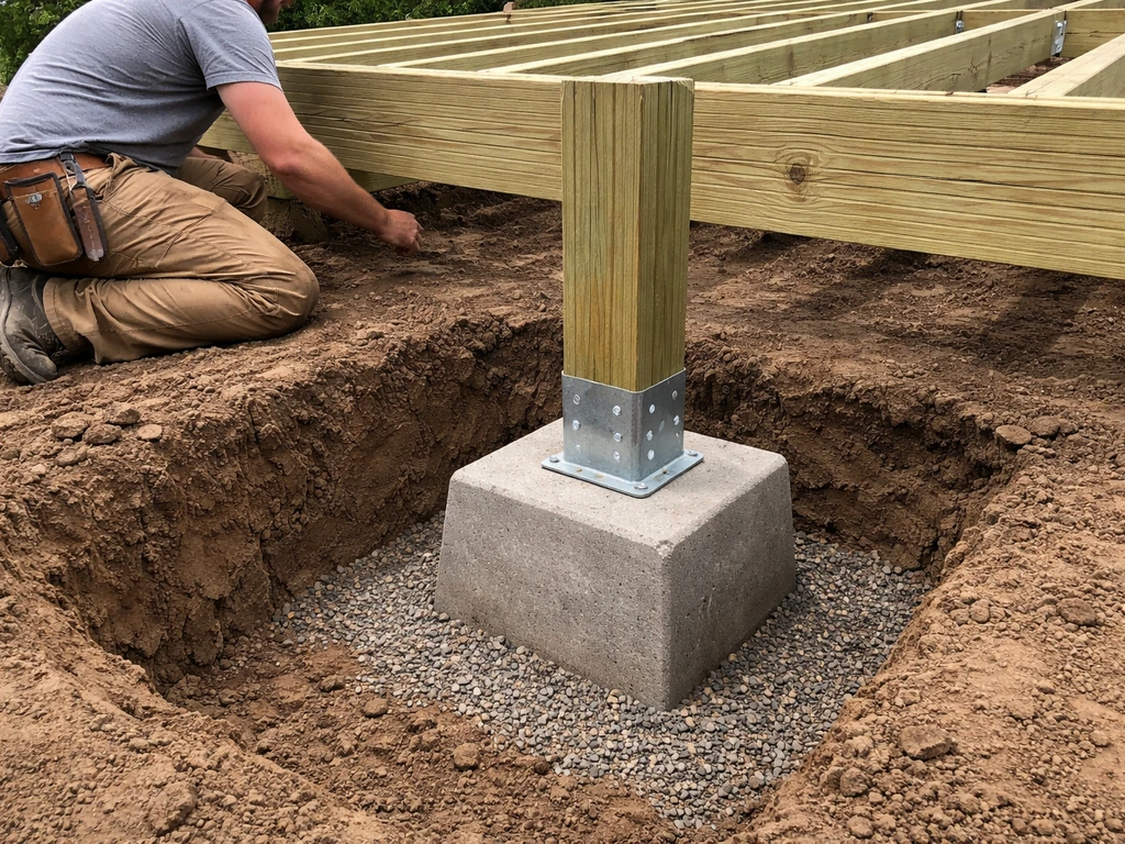 Worker installing deck posts over concrete footings with joist framing on a level ground near the site