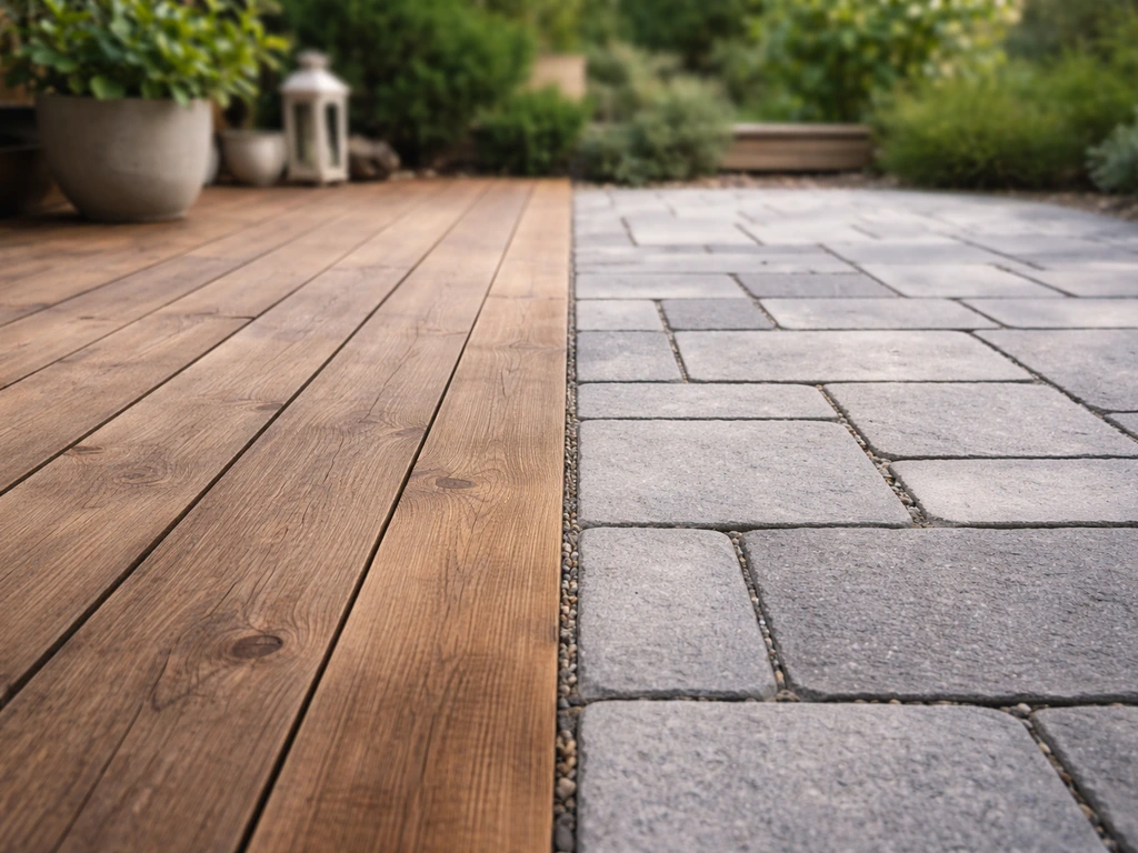 Split view of a wooden deck and a stone patio with visible textures and bare-foot comfort cues.