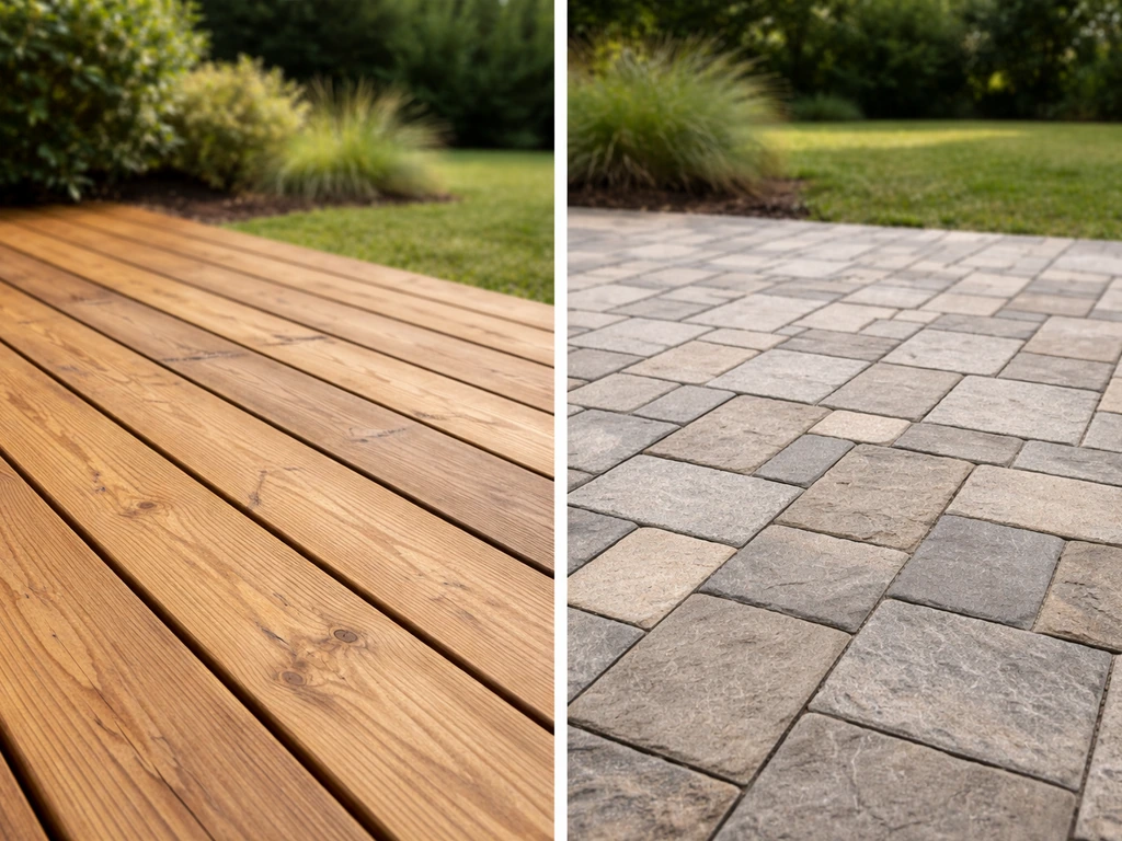 Split-view scene of a wood deck and a stone patio pavers side by side, suggesting which fits better.