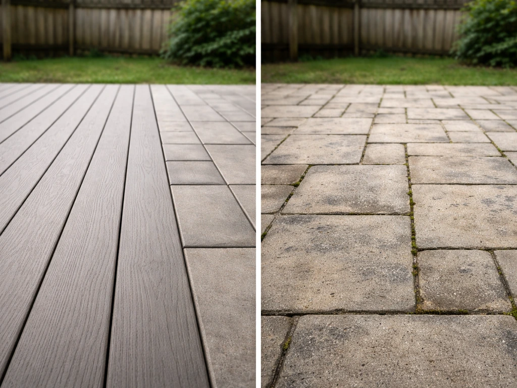 Close view of composite deck boards with light wear beside a stone patio showing darker grime and moss.