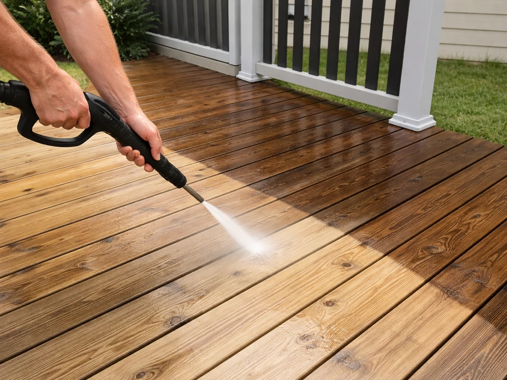 Person pressure-washing a natural wood deck, with a sealed plank area and a nearby composite railing