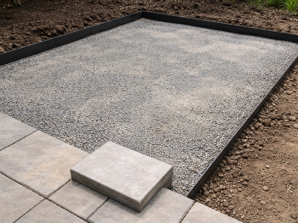 Excavated and graded patio base with compacted gravel and edge restraints ready for pavers.