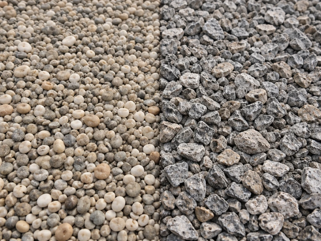 Closeup side-by-side of smooth rounded pea gravel versus rough angular gravel on the ground.