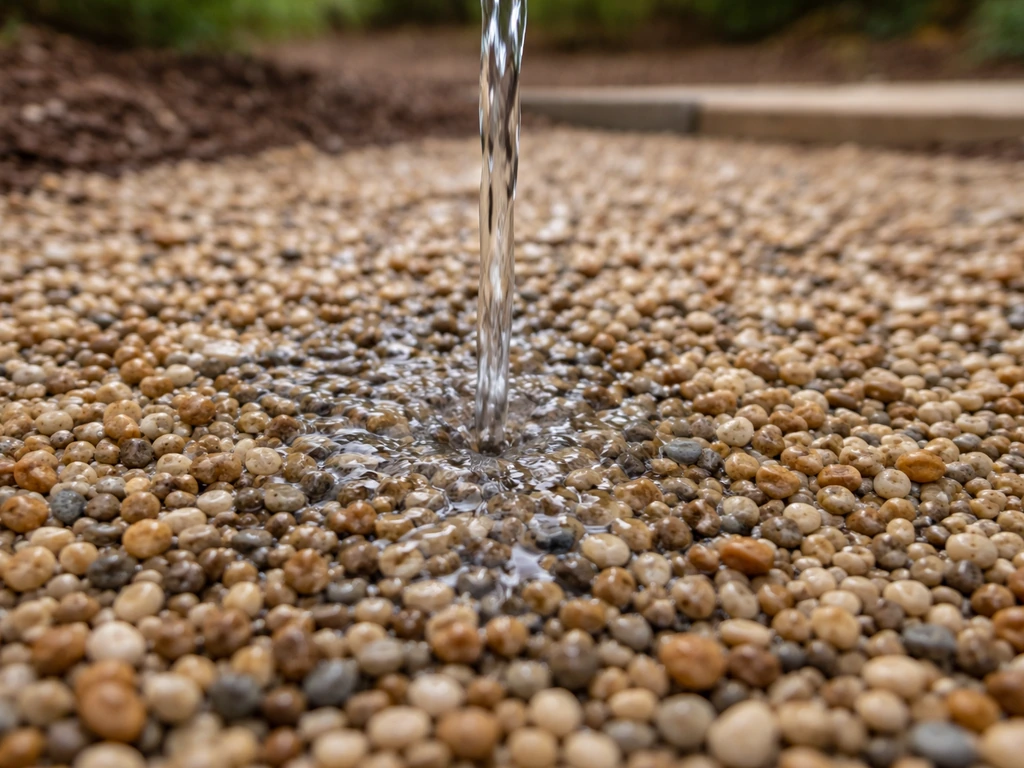Water poured onto pea gravel infiltrates through the stones instead of pooling on the surface.