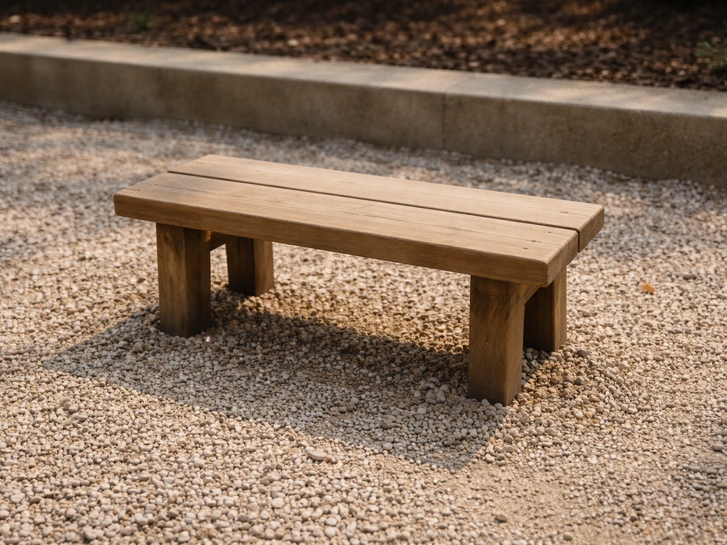 Wooden bench legs slightly sunk into uneven pea gravel, with scattered stones and low spots.