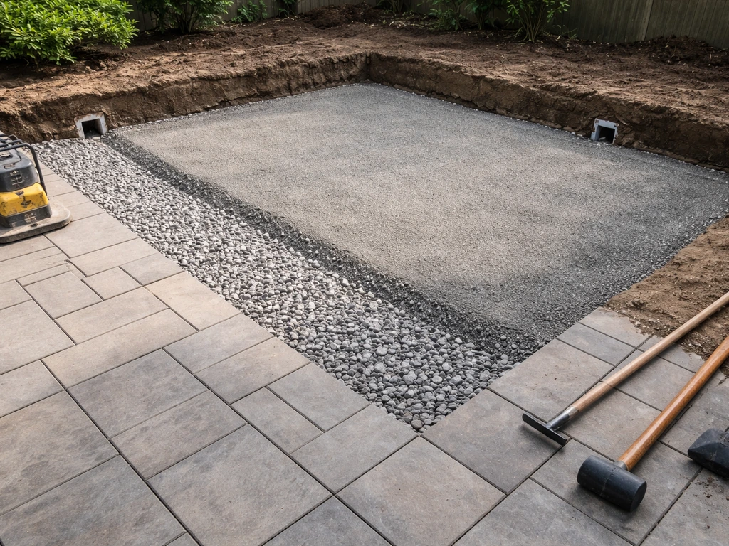 Cross-section of compacted crushed stone layers for a patio base with drainage toward an outlet