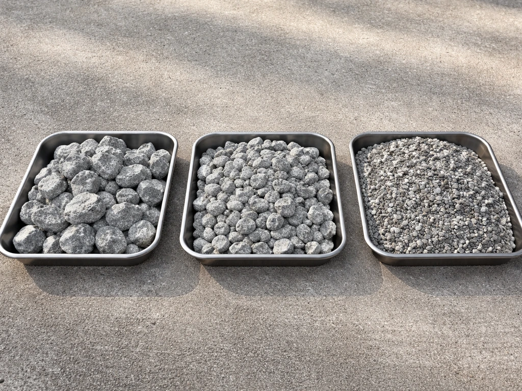 Three close-up piles of 3/4-inch, 1/2-inch, and 3/8-inch crushed stone showing different grain sizes.