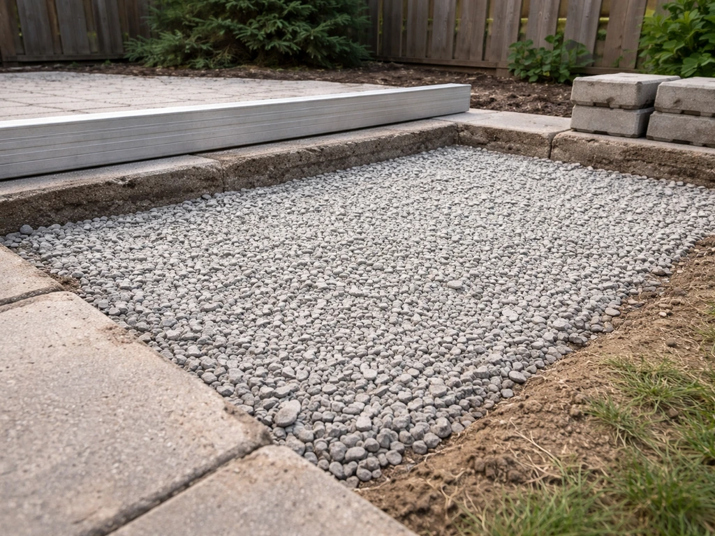 Close view of a leveled, compacted 3/4-inch crushed stone base under pavers