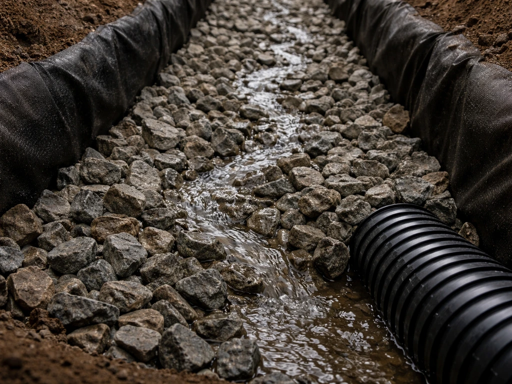 Close-up of open-graded #57 crushed stone drainage directing water toward an outlet pipe